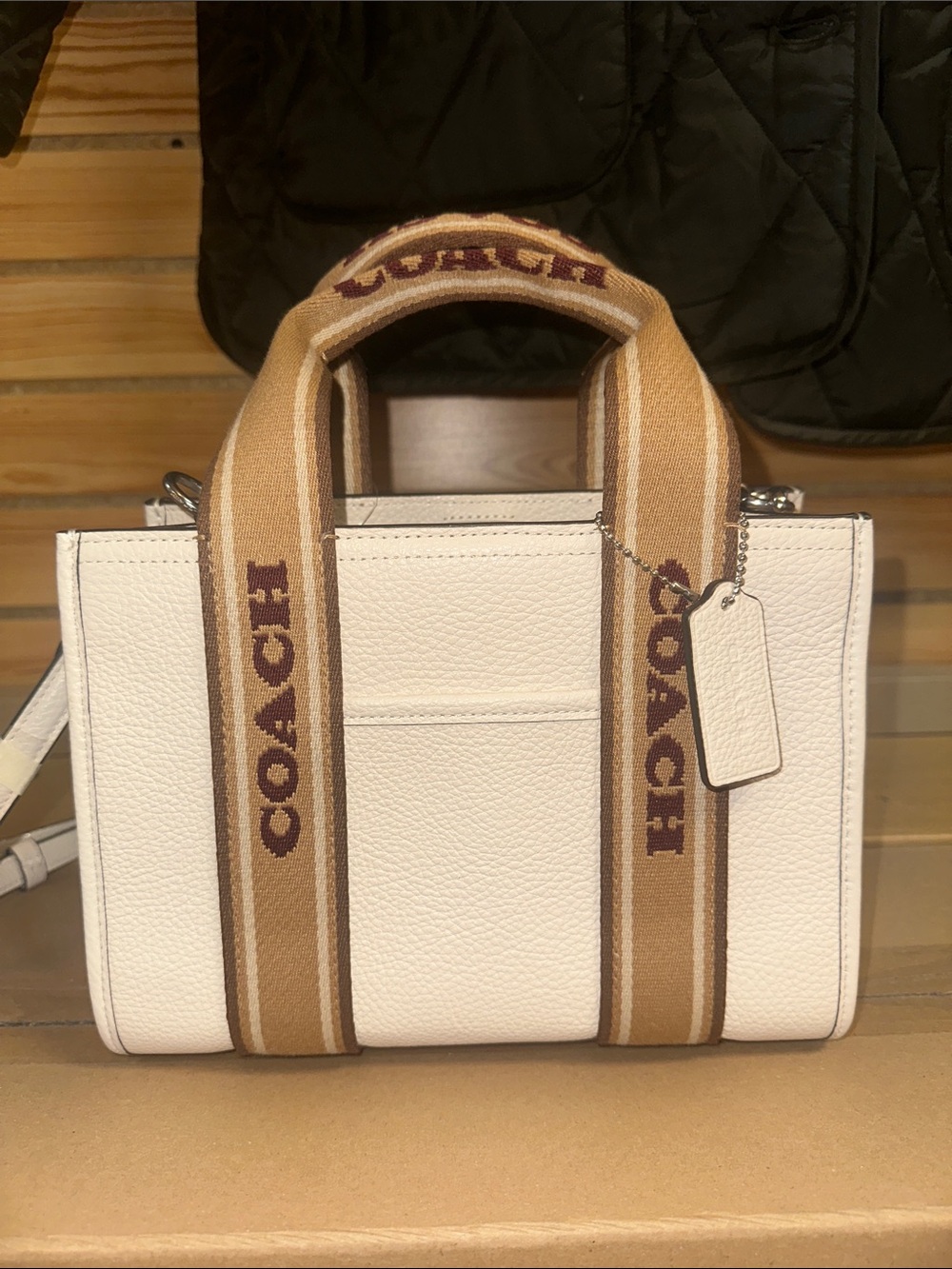 Coach White Pebble Leather Tote with Tan & Brown Logo Webbing